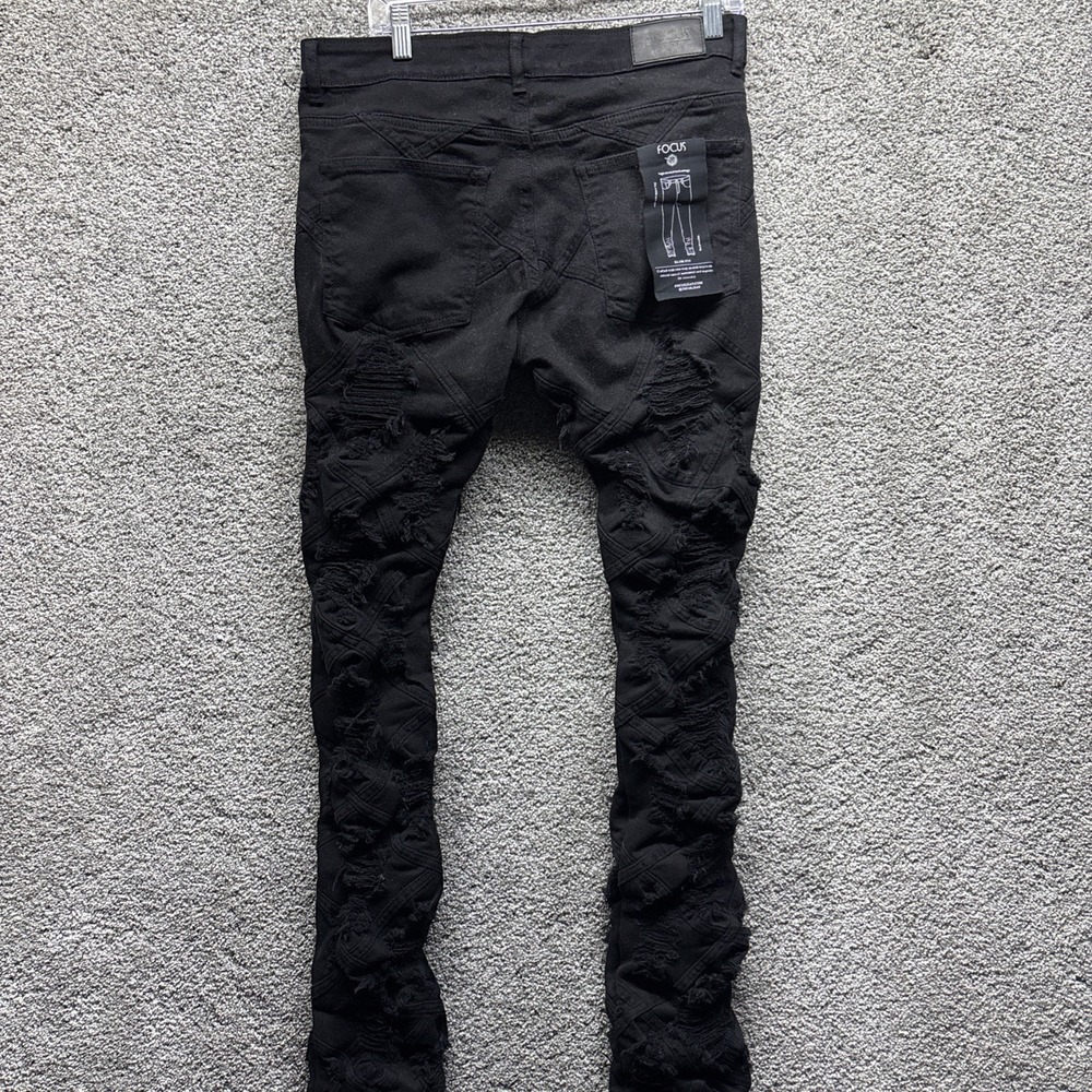 Focus Mens 32x36 SUPER Stretch Stacked Black Jeans Shredded Distressed‎ Slim NWT